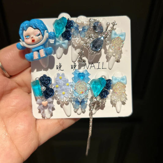 ⬛️NANABOSS🔷Pop Mart Handmade Blue Fairy Tale Doll Nails