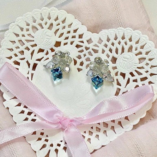 NaNa Boss | Blue Blossom Dream Earrings – Spring/Summer S925 Silver Studs with Crystal Cubes