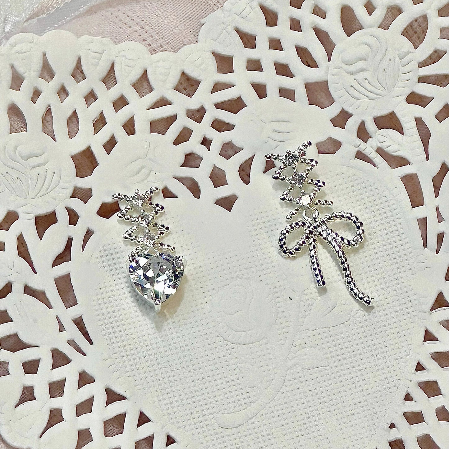 NaNa Boss | Ballet Bow & Heart Zircon Earrings – French Romantic S925 Silver Studs