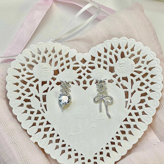 NaNa Boss | Ballet Bow & Heart Zircon Earrings – French Romantic S925 Silver Studs