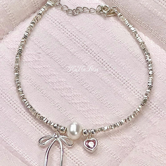 NaNa Boss | Fairytale on the Wrist – S925 Sterling Silver Pink Heart & Bow Bracelet with Freshwater Pearls