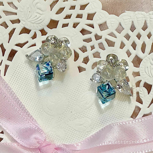 NaNa Boss | Blue Blossom Dream Earrings – Spring/Summer S925 Silver Studs with Crystal Cubes
