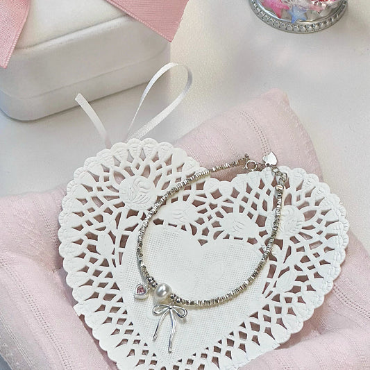 NaNa Boss | Fairytale on the Wrist – S925 Sterling Silver Pink Heart & Bow Bracelet with Freshwater Pearls