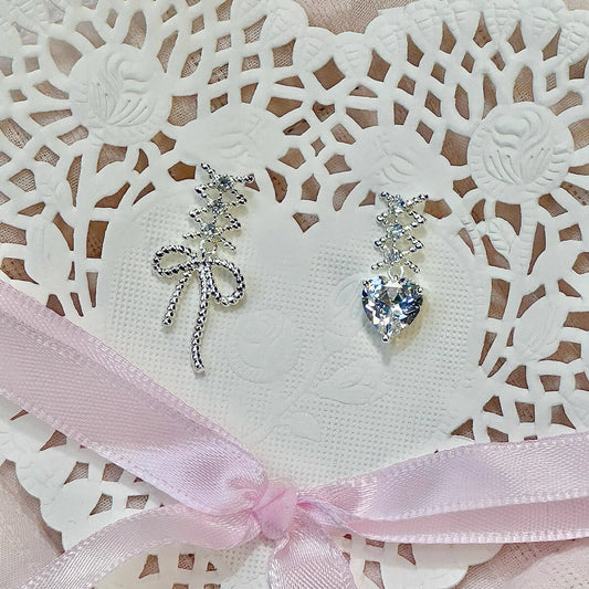 NaNa Boss | Ballet Bow & Heart Zircon Earrings – French Romantic S925 Silver Studs