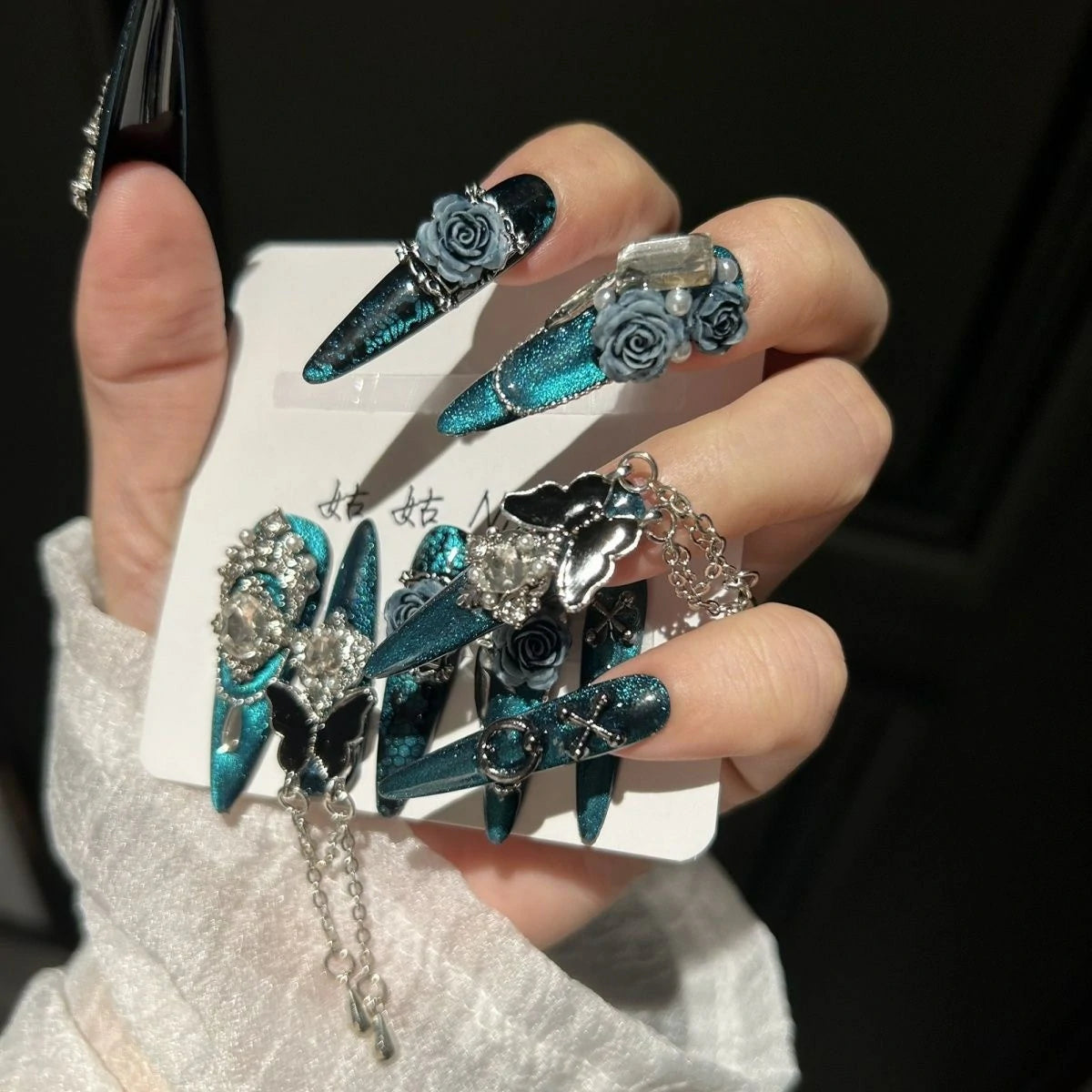 ⬛️NANABOSS🔷💙Teal Rose Gothic Nails 🦋