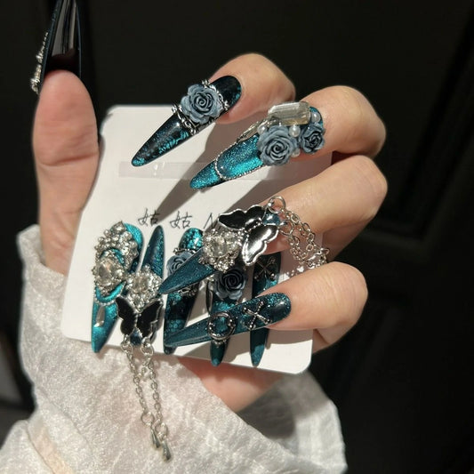 ⬛️NANABOSS🔷💙Teal Rose Gothic Nails 🦋