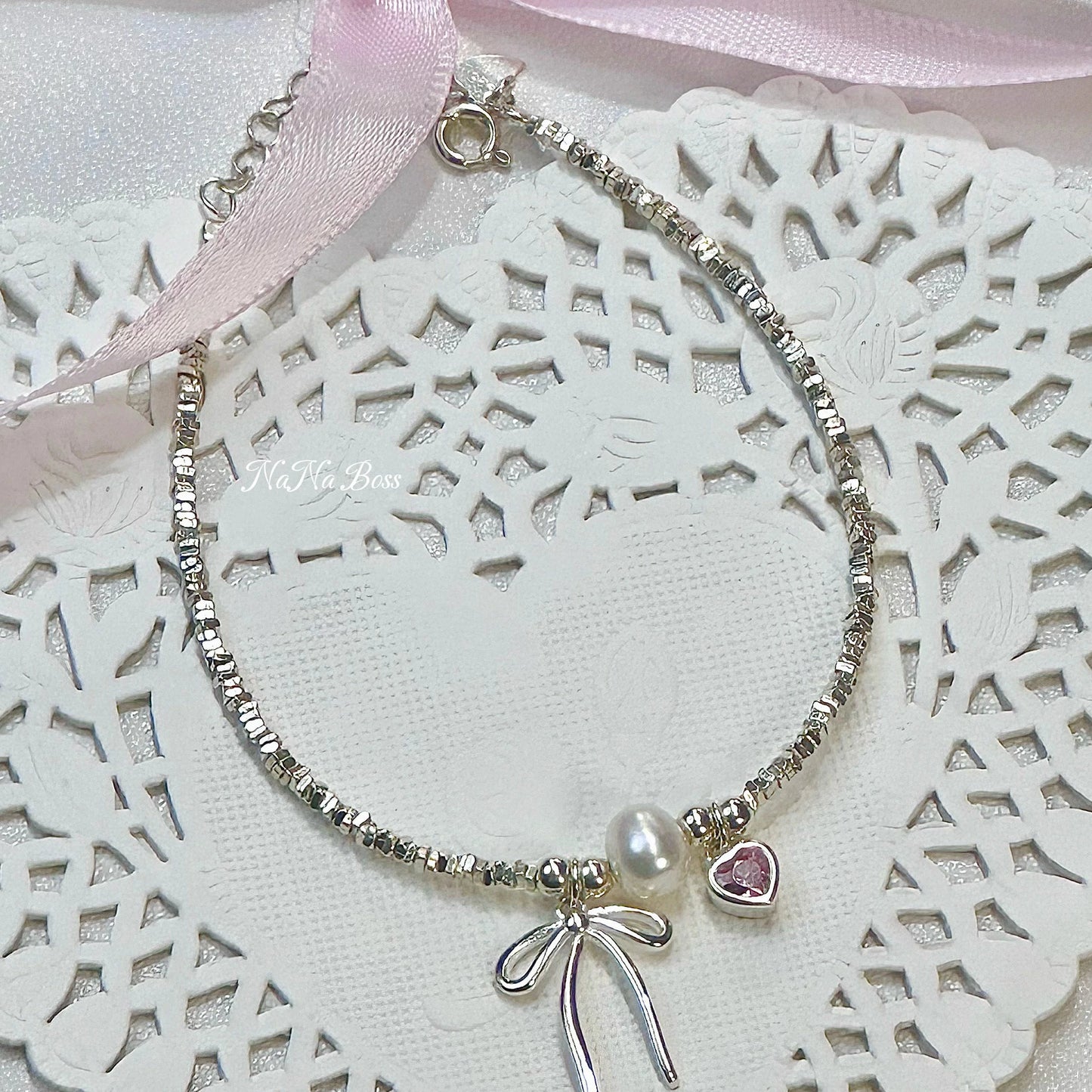 NaNa Boss | Fairytale on the Wrist – S925 Sterling Silver Pink Heart & Bow Bracelet with Freshwater Pearls