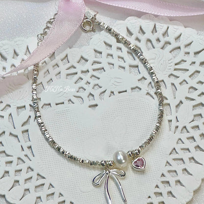 NaNa Boss | Fairytale on the Wrist – S925 Sterling Silver Pink Heart & Bow Bracelet with Freshwater Pearls