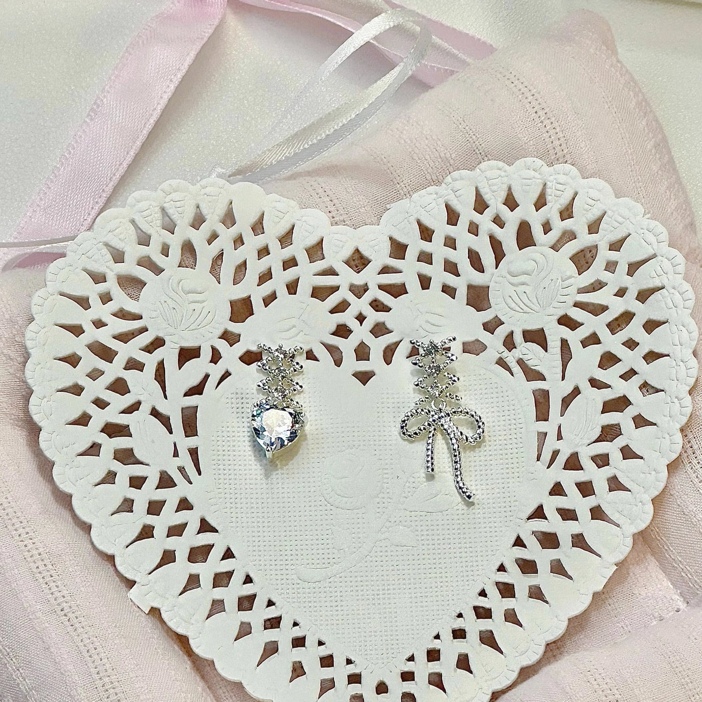 NaNa Boss | Ballet Bow & Heart Zircon Earrings – French Romantic S925 Silver Studs