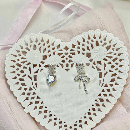 NaNa Boss | Ballet Bow & Heart Zircon Earrings – French Romantic S925 Silver Studs