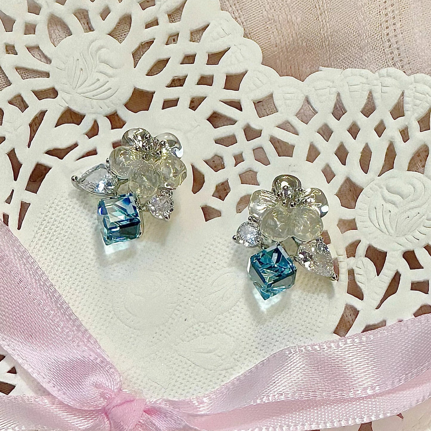 NaNa Boss | Blue Blossom Dream Earrings – Spring/Summer S925 Silver Studs with Crystal Cubes