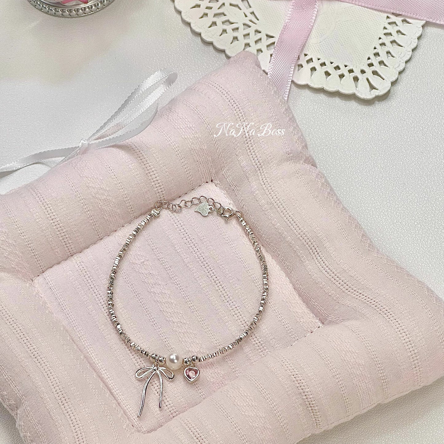 NaNa Boss | Fairytale on the Wrist – S925 Sterling Silver Pink Heart & Bow Bracelet with Freshwater Pearls