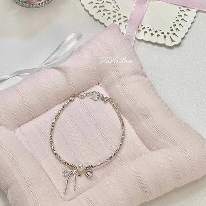 NaNa Boss | Fairytale on the Wrist – S925 Sterling Silver Pink Heart & Bow Bracelet with Freshwater Pearls