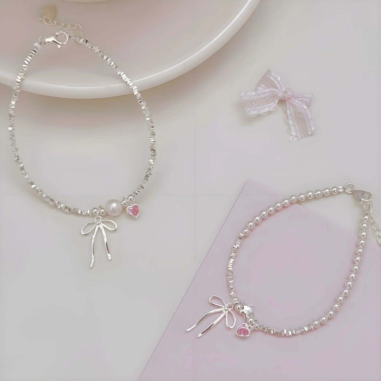 nanaboss Bow - Heart 925 Silver Bracelet Set